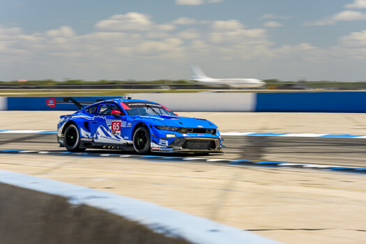 The No. 65 Ford Racing Mustang GT3 drives through Turn 15 at Sebring International Raceway. 