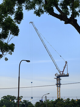 Yellow construction crane extending diagonally against blue sky, framed by tree branches and power lines.