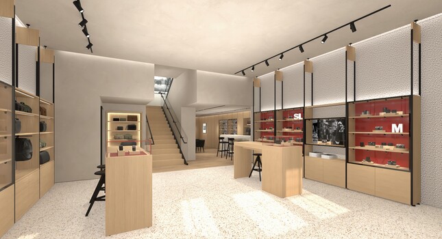 3D architectural rendering of a modern retail interior with wooden displays and red shelving.