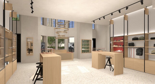 Architectural rendering of a modern retail showroom with natural wood display units and track lighting.