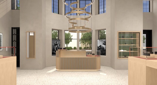 Architectural rendering of a modern interior space with high ceilings, central wooden counter, and natural lighting from clerestory windows.