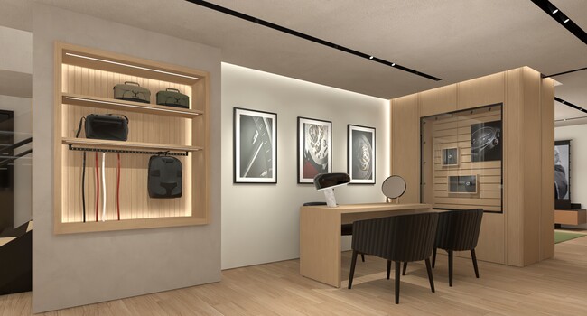 Rendering of a modern retail showroom with wooden display shelving, a work desk, and framed wall art.