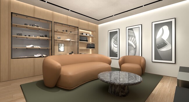 Modern interior design rendering of a living space with curved tan sofa, marble side table, and wall-mounted shelving display.
