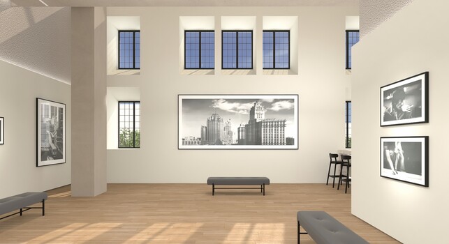 3D rendering of a minimalist gallery space with wooden floors, white walls, and framed black-and-white architectural photographs.