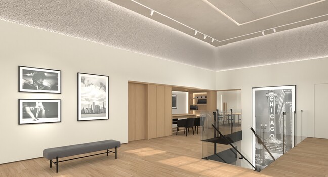 3D architectural rendering of a modern interior studio space with wooden flooring and gallery walls.