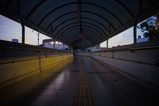 Empty train platform stretching into the distance under a curved metal canopy roof with yellow safety railings.
