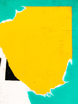 Graphic illustration of a map with a large yellow shape against a turquoise background and white border.