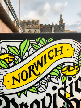 Street art mural featuring a yellow banner with "NORWICH" text surrounded by green leaf illustrations.
