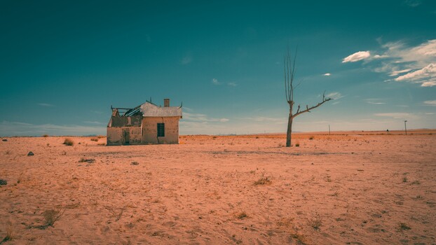 Abandoned brick house in a vast, barren desert landscape with a leafless dead tree nearby.