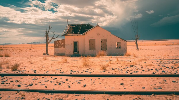 Abandoned pink house in an arid desert landscape with dead trees and railroad tracks in foreground.