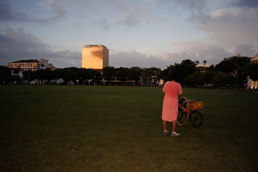 Person in coral shirt standing with bicycle on grass field at golden hour