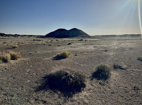 Volcanic cone rising from sparse desert landscape with scattered vegetation