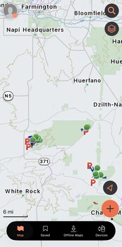 Screenshot of a mobile location mapping interface showing photography hotspots across a rural region.