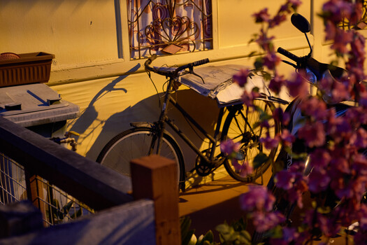 Bicycle parked against a railing with purple flowering vines in soft golden hour light