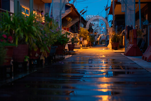 Wet urban street at dusk with warm golden lighting reflecting off pavement and blue twilight sky