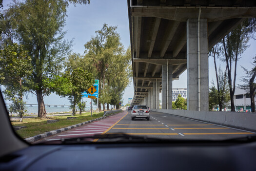 View from inside a car driving under a concrete highway overpass with trees lining the road