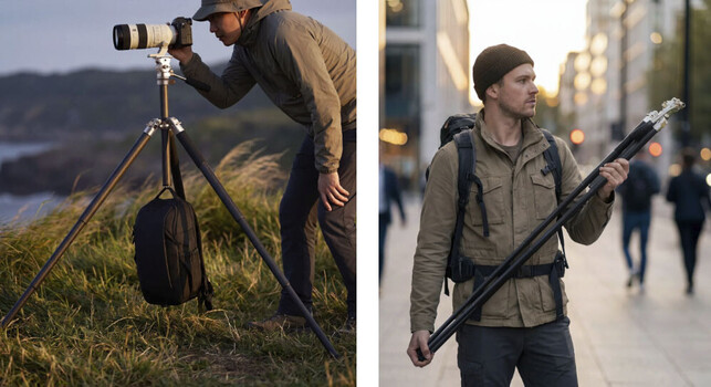 Two photographers demonstrating field techniques: landscape photographer using tripod-mounted telephoto lens, and street photographer with shotgun microphone