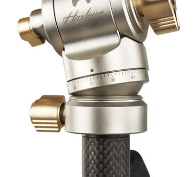 Professional tripod head with pan-tilt mechanism, brass fittings, and degree scale markings