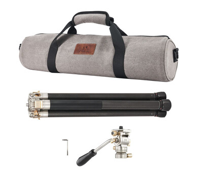 Professional tripod kit with canvas carry bag, extending legs, and ball head