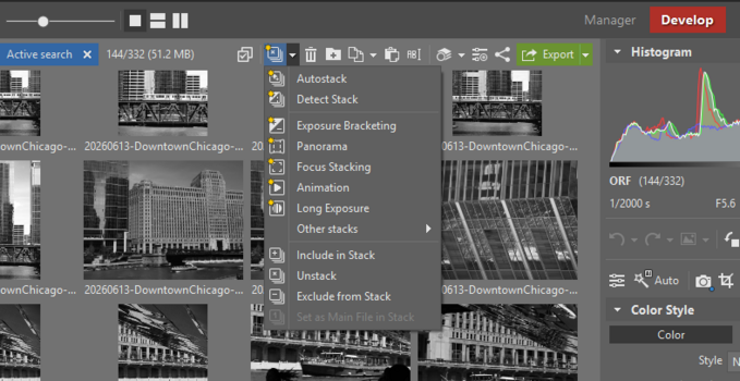 Screenshot of Develop module in photo editing software showing stacking controls menu