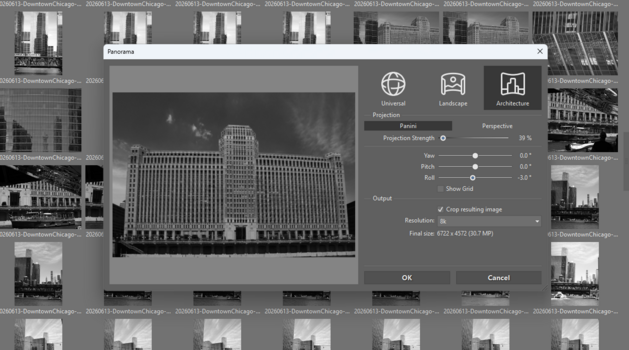 Screenshot of perspective correction dialog in photo editing software showing urban architectural image