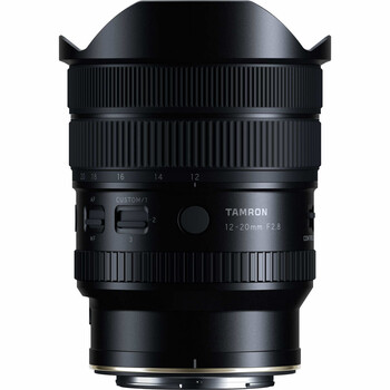 Tamron 12-28mm f/2.8 ultra-wide zoom lens with hood mounted