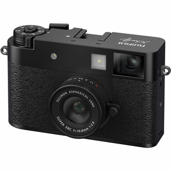 Fujifilm Instax Mini Evo black instant camera with textured body and retro design