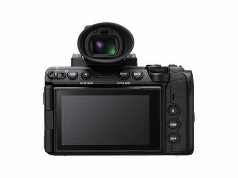 Professional mirrorless camera with articulating LCD screen and electronic viewfinder, rear view
