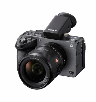 Sony α cinema camera with attached external monitor and prime lens on white background