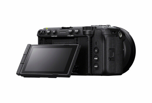 Sony mirrorless camera with articulating touchscreen displayed in three-quarter view