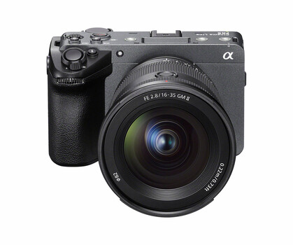Sony Alpha mirrorless camera with attached wide-angle zoom lens on white background