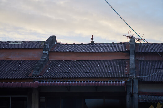 Traditional Asian architecture with dark tile roofing and ornamental ridge details against overcast sky