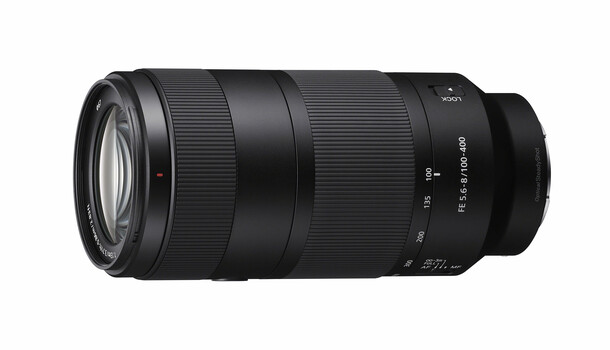 Sony E-mount telephoto zoom lens with black barrel and glass elements visible