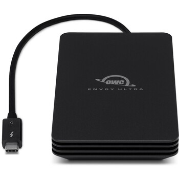OWC Envoy Ultra Thunderbolt 5 SSD, front view of the aluminum drive with its integrated Thunderbolt cable