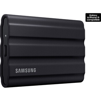 Samsung T7 Shield portable SSD, front view of the textured rubber-clad drive