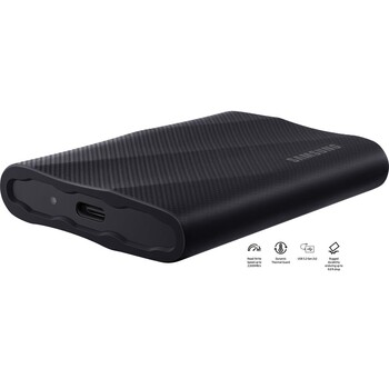 Samsung T9 portable SSD, front view of the black rubberized drive with its USB-C port