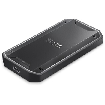 SanDisk Professional PRO-G40 SSD, front view of the rugged aluminum drive with its rubber bumper