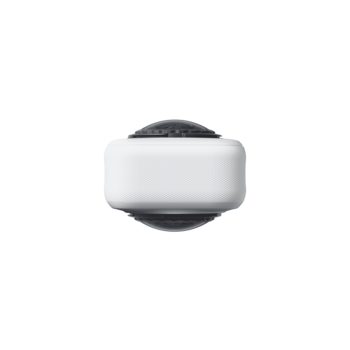Compact spherical camera with white body and dark lens ports