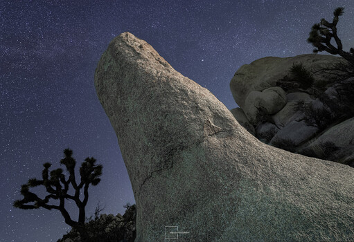 Looking up at a tall rock in Joshua Tree National Park.