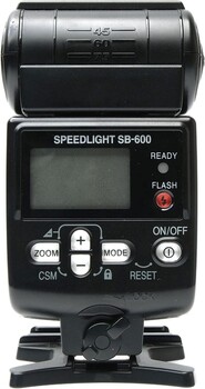 Nikon Speedlight SB-600 external flash with LCD screen and control buttons visible