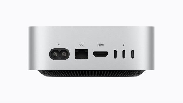 Rear panel of a compact Mac mini showing power ports, ethernet, HDMI, and Thunderbolt connectors