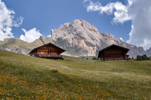Two wooden Alpine chalets in a meadow with a dramatic rocky mountain peak behind them under blue sky