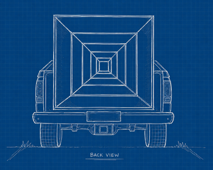 Blueprint illustration showing back view of truck with nested square tunnel perspective