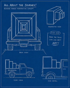 Blueprint-style technical illustration showing perspective and orthographic views of a forced-perspective art installation