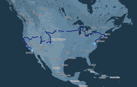Map graphic showing a travel route across North America with blue line and location markers