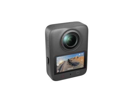 Compact action camera with dual lens and flip-out touchscreen display
