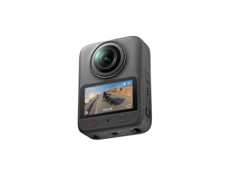 Compact action camera with front-facing display and mounted lens
