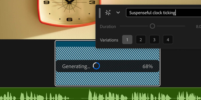 Screenshot of audio generation software showing 'Suspenseful clock ticking' sound effect at 68% progress