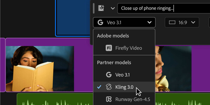 Screenshot of video editing software showing AI model selection menu with Veo 3.1 highlighted