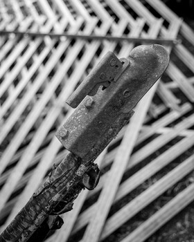 Weathered wooden post against blurred corrugated metal background in black and white